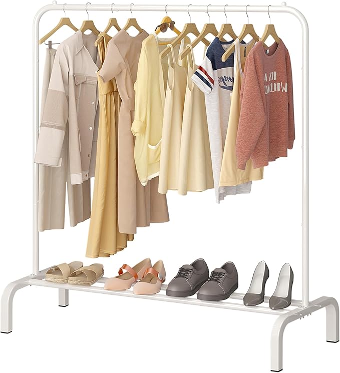 JIUYOTREE Metal Clothing Rack, 43.3 Inches Clothes Garment Coat Rack with Bottom Shelf for Hanging Skirts, Shirts, Sweaters, White