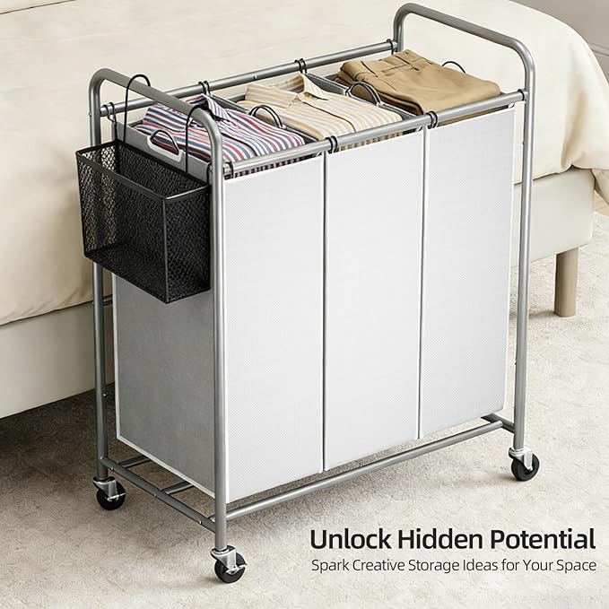 ROMOON Laundry Sorter Hamper 3 Section, Divided Laundry Basket Organizer with Heavy Duty Lockable Wheels and Removable Bags, Rolling Clothes Hamper for Apartment, Dorm & Family (130L Neutral Gray)