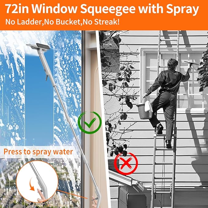 4 in 1 Window Squeegee with Water Tank,Window Cleaner Tool with Remote Control Water Spray,16'' to 72'' Adjustable Extension Pole,Wastewater Tray,Sponge Window Squeegee for Shower Glass Car Window