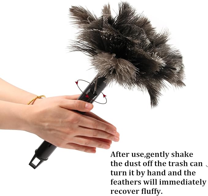 Retractable Ostrich Feather Duster for Cleaning, Fluffy and Natural Feather Duster with Retractable Handle， Reusable Eco-Friendly Handheld Cleaning Supplies (15 inch)