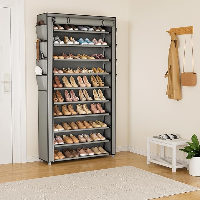 VTRIN Tall Shoe Rack with Cover, 10 Tier Shoe Organizer Storage for 50-55 Pairs Shoes and Boots Large Capacity Shoe Shelf with 8 Pockets Free Standing Shoe Rack for Closet, Entryway, Garage, Grey