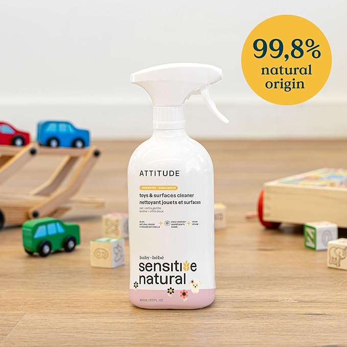 ATTITUDE Baby & Kids Toy Cleaner Spray for Sensitive Skin, EWG Verified, Multi-Surface Cleaner for Toys, High Chairs & Play Areas, Naturally Derived, Vegan, Unscented, 27.1 Fl Oz (Pack of 6)