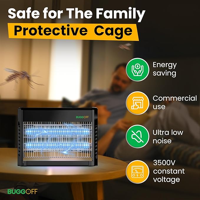 BUGGOFF Black Modern Indoor Electric Bug Zapper, 2000 SQFT Coverage, 3500 Volts of Stunning Power, 40 Watts, Kills Mosquitos Gnats, Flys & More. 10 Year Warranty, X2 Free Replacment Bulbs