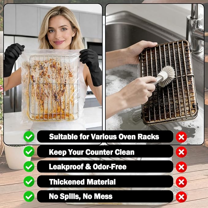 Mity Rain 5 Packs Oven Rack Cleaning Bag Kit, Reusable No-Scrub Oven Rack Cleaning Bags, Includes three gloves and one brush (three 19.69*27.56inch and two 23.62 x 35.43 inch) leak-resistant PE bags