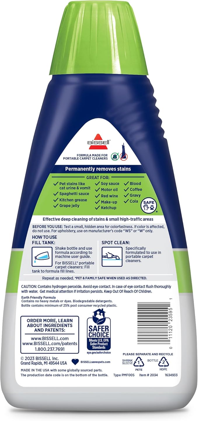 Bissell PET PRO OXY Spot & Stain Formula for Portable Carpet Cleaners, 32 oz., 2034