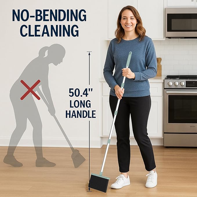 Pet Hair Broom and Dustpan Set, Self Cleaning Teeth No Hair Tangling, Heavy Duty 4 Layer Bristles, Long Handle Upright Sweep Set, Rubber Lip No Dust Left Behind for Home Floor Cleaning(Green)