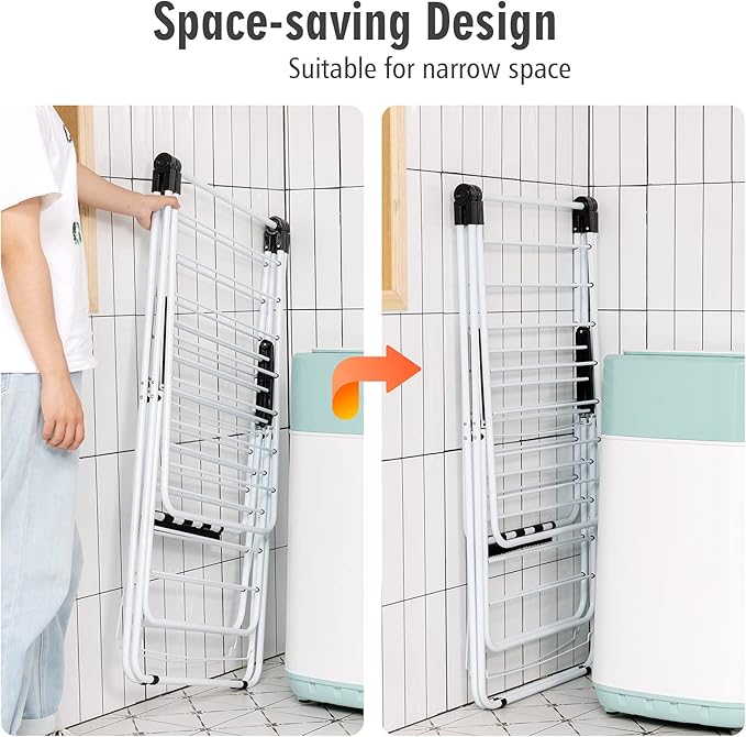 Tangkula Foldable Clothes Drying Rack, 2-Level Folding Drying Rack for Indoor Outdoor Use, Drying Rack Clothing w/Height-Adjustable Gullwing, 33 Drying Rails, Sock Clips