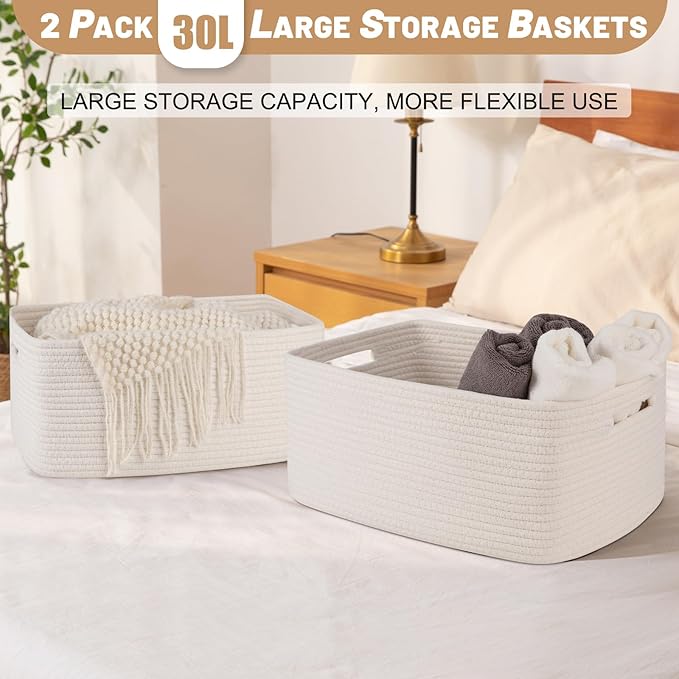 Large Storage Basket for Organizing, Woven Rope Basket for Shelves, Closet Organizer Bins for Clothes, Blanket, Toys, Baby Nursery Storage, 17.7" x 13" x 7.87", 2 Packs White