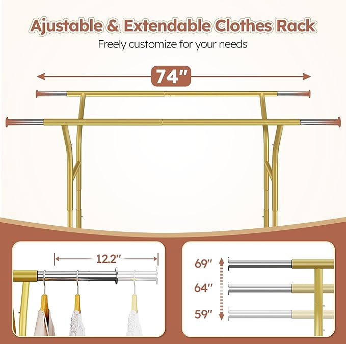 Raybee 74" W Clothes Rack Load 630 LBS, Clothing Racks for Hanging Clothes, Adjustable Heavy Duty Clothes Rack, Double Rods Metal Garment Rack for Bedroom Wardorbe Closet Living Room