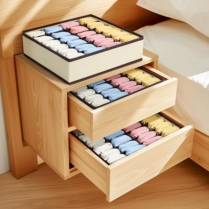 Sock Organizer 4 Pack, Large Sock Drawer Divider, Underwear Storage 24 Cell Closet Organizers and Storage for Wardrobes, Drawers. (Beige)