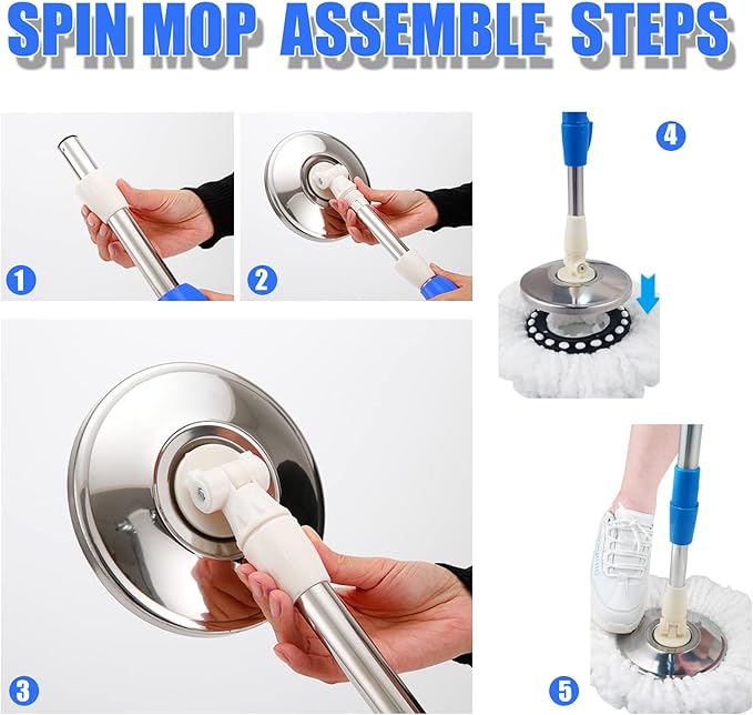 Spin Mop and Bucket System | 360 Spin Mop and Bucket with Wringer Set | Mops for Floor Cleaning | 3 Microfiber Mop Replacement Head Refills | 61" Extended Handle | Wet and Dry Use Floor Mop