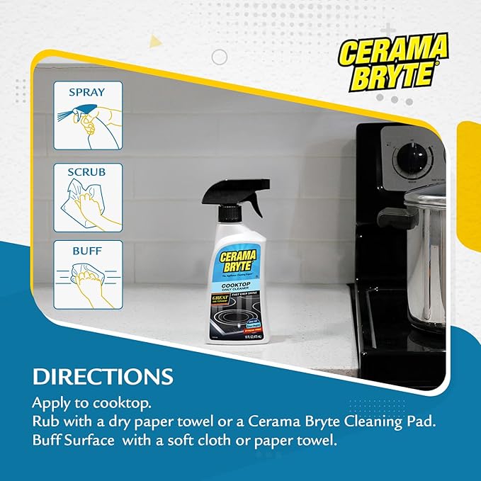 Cerama Bryte Daily Spray Cooktop and Stove Top Cleaner for Glass & Pads Combo Kit - Ceramic Surfaces, 16 Fluid Ounces, 4 Piece Set