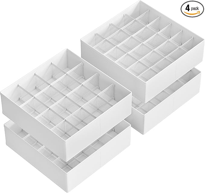 SONGMICS Set of 4 Drawer Organizers, Closet Organizers for Underwear, 80 Cells, Foldable Sock Holders, 11.8 x 11.8 x 3.9 Inches, for Storing Socks, Ties, Belts, Cloud White URUS011W01
