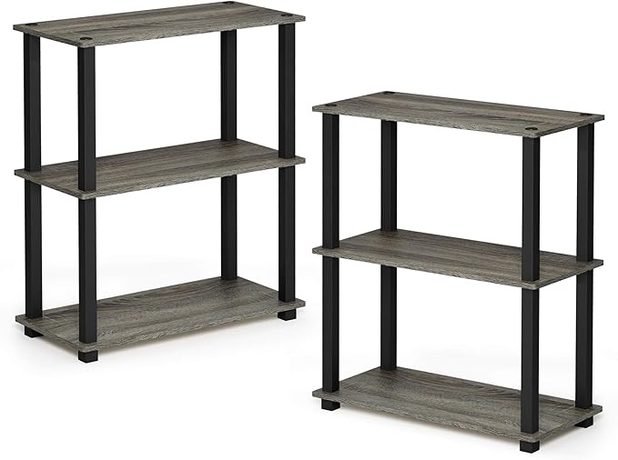 Furinno TURN-S-TUBE Storage Shelves Set of 2, 3-Tier Book Shelf, Corner Shelf, Toolless Open Shelves, Square Tubes, for Organization and Storage, Living Room, Garage, Home Office, French Oak