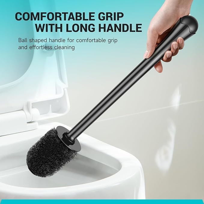 Toilet Brush and Holder, 2 Pack Toilet Bowl Brush with Long Handle, Easy to Hide, Drip-Proof, Easy to Assemble, Deep Cleaning Black