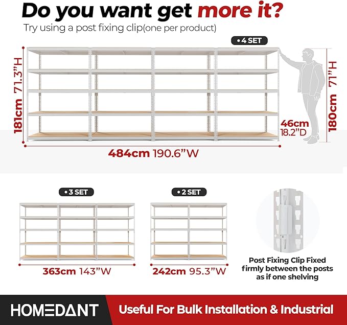 HOMEDANT 47.7" W 5 Tier Heavy Duty Garage Shelving Adjustable Metal Rack Storage Shelves Standing Shelf Unit Organizers Industrial Warehouse Basement White 2Pack