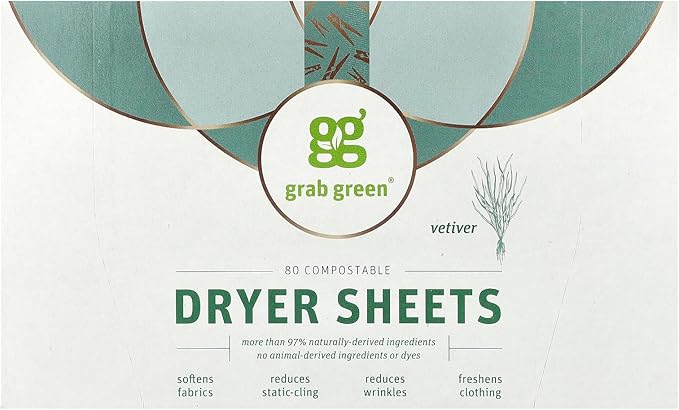 Grab Green Dryer Sheets, 80 Sheets, Vetiver Scent, Plant and Mineral Based, Compostable, Softens Fabrics, Reduces Static Cling and Wrinkles