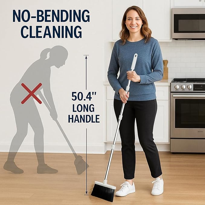 Broom and Dustpan Set for Home, Long Handle Upright Broom Dustpan Combo with Self Cleaning Dustpan Teeth, Standing Sweep Set for Kitchen Office Lobby Garage Floor Indoor Outdoor Cleaning