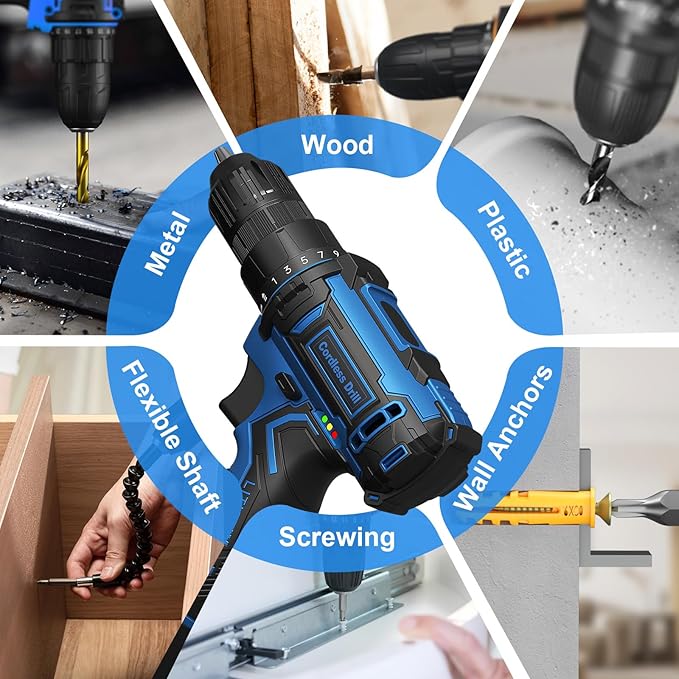 Cordless Drill Set,12V Power Drill Driver 3/8" Keyless Chuck with 92 Acessories, Built-in LED Light, 25+1 Position, Electric Drill for Home DIY Projects（Blue）