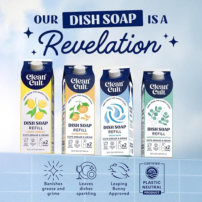 Cleancult Dish Soap Liquid Refill (32oz, 1 Pack) - Plant Based Cleaning Power - Dish Soap that Cuts Grease & Grime - Free of Harsh Chemicals - Uses 90% Less Plastic - Mandarin Peel