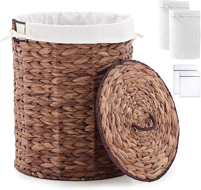 Round Water Hyacinth Laundry Hamper with Lid Handwoven Wicker Basket with Handles for Dirty Clothes, Storage, and Organization, No Assembly Required, 40L