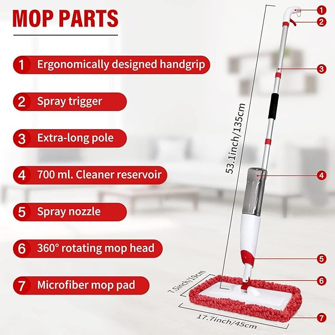 Spray Mops for Floor Cleaning, Microfiber Spray Cleaning Mop Kit with 3 Reusable Washable Pads 700ML Refillable Bottle and Scrubber Flat Mop with 360 Degree Swivel Head for Hardwood Laminate