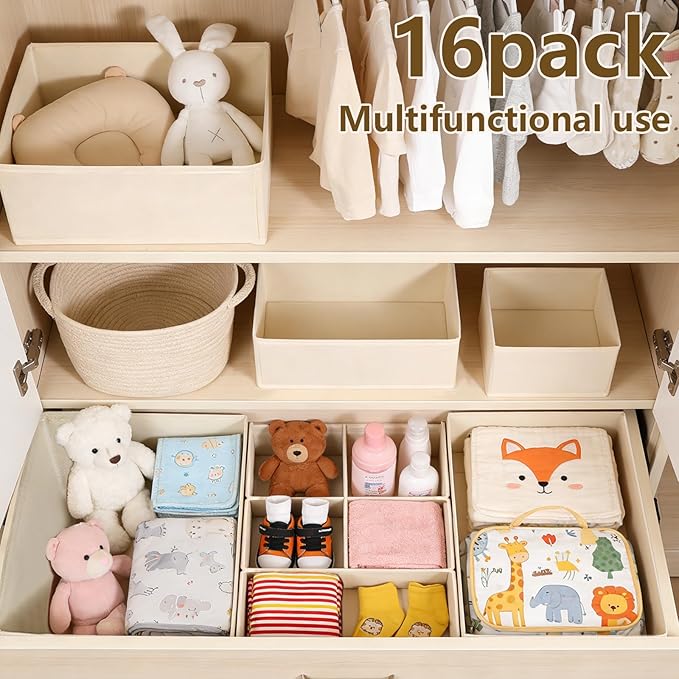 Drawer Organizer Clothes, 16 Pack Dresser Organizer Bins, Foldable Closet Organizers and Storage Fabric Dresser Bins, Shallow Drawer Dividers for Clothing, Underwears, Socks, Tie