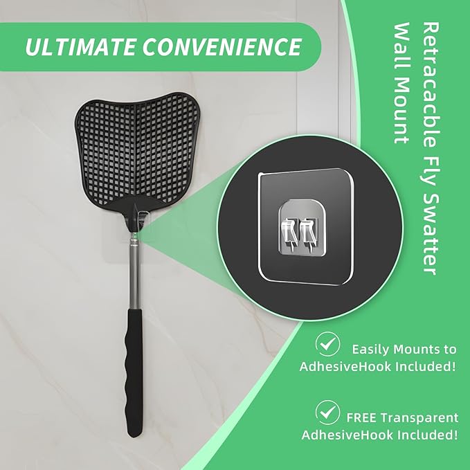 MYSTICHOME Fly Swatter 1 Pack, Durable Heavy Duty Plastic Fly Swatters, Stainless Steel Telescopic FlySwatter for Indoors/Outdoor/Kitchen/Garden(Black)