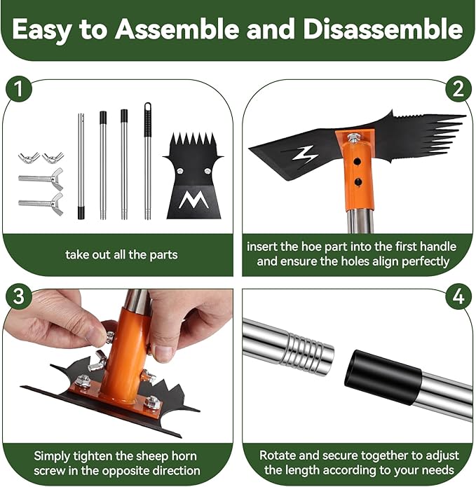 3-in-1 Weed Puller Tool Set with 60" Adjustable Long Handle, Manual Weeder Rake, Garden Hoe & Pruning Shears | Heavy Duty Stainless Steel for Vegetable Gardening, Lawn, Backyard & Farm