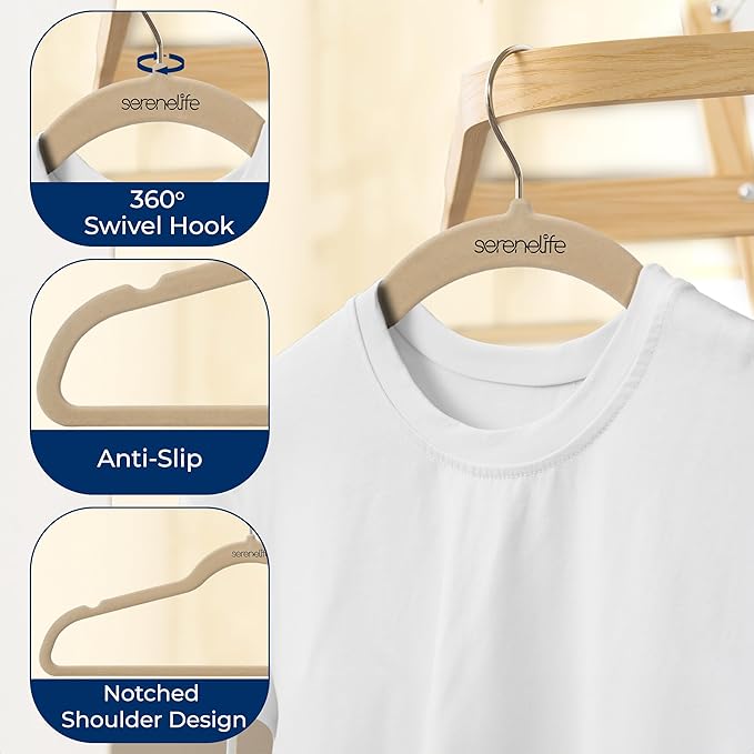 SereneLife 30 Pack Velvet Hangers - Non-Slip Felt Hangers with 360° Swivel Hook, Space-Saving, Ultra-Thin, Lightweight for Shirts, Sweaters, Hoodies, Kids Clothes & Dresses (Ivory)
