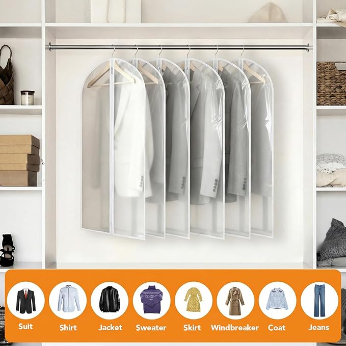 Dntorx 12 Pack Garment Bags 60 * 100cm, 40in PEVA Translucent Garment Covers, Suit Storage Bags, Dress Organizer Bags Used To Protect Shirts, Winter Coats, Jackets（White Edge）