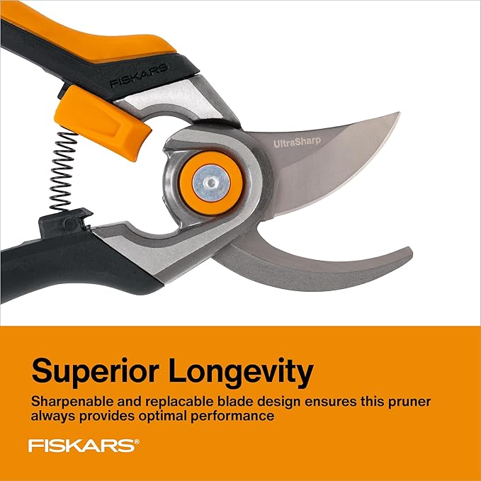 Fiskars Bypass Pruning Shears, 1-Inch Cut Capacity Softgrip Pruner, Forged Steel Replaceable Blade Stays Sharp Through Heavy Use with Rust Resistant, Low-Friction Coating