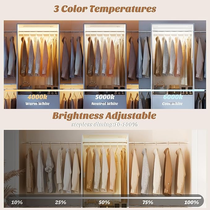 Aheaplus Closet System with Motion-Sensing Light, 3 Wooden Drawers and 4 Hanging Rods, Customizable Walk-in Closet Organizer with 3CCT LED, Heavy Duty Garment Rack for Bedroom, White