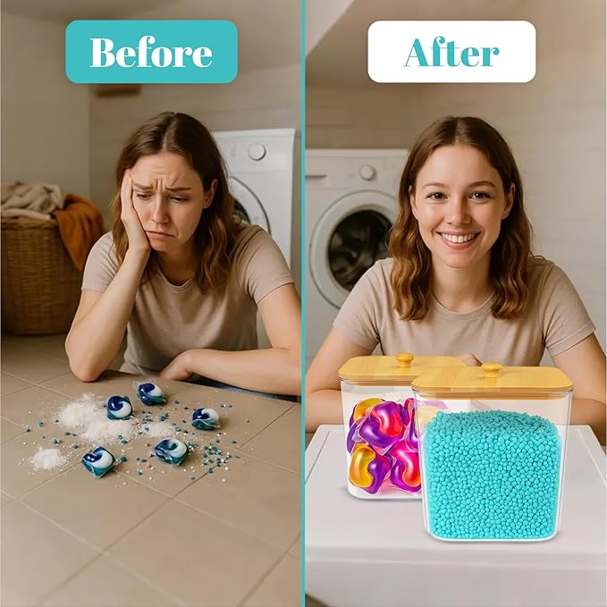 2+1 Laundry Pods Container and Dryer Sheet Holder Set, Clear Laundry Room Organization Containers with Bamboo Lids, Scoops, 10 Labels & 20 Clothespins, Laundry Containers for Pods and Powder
