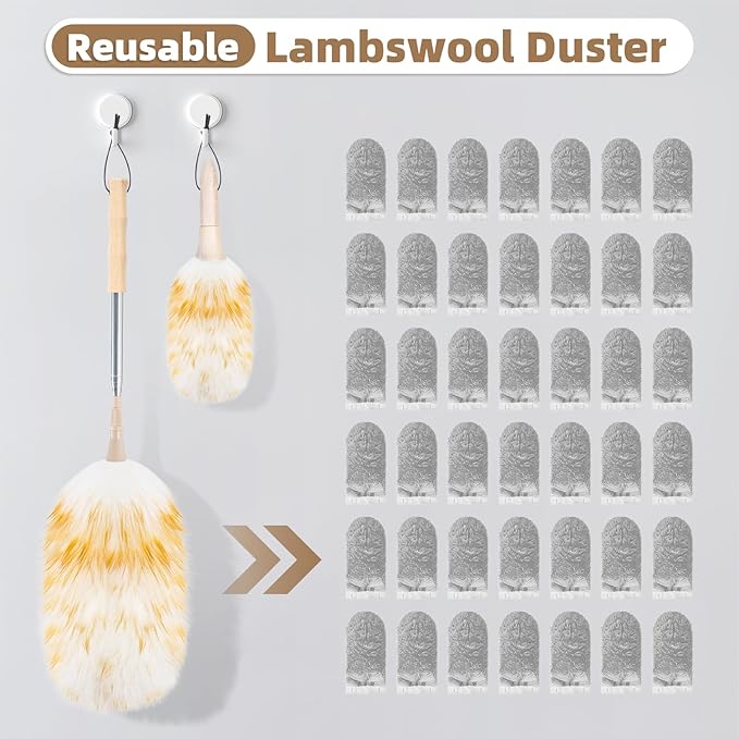 LOVECO Feather Duster for Cleaning, Extendable Lambswool Duster 29-49 Inch for Cleaning Fans, Ceiling, Includes: Sticky Hooks×2, Small Duster×1, Electrostatic Dusters Suitable for Office, Home, Car
