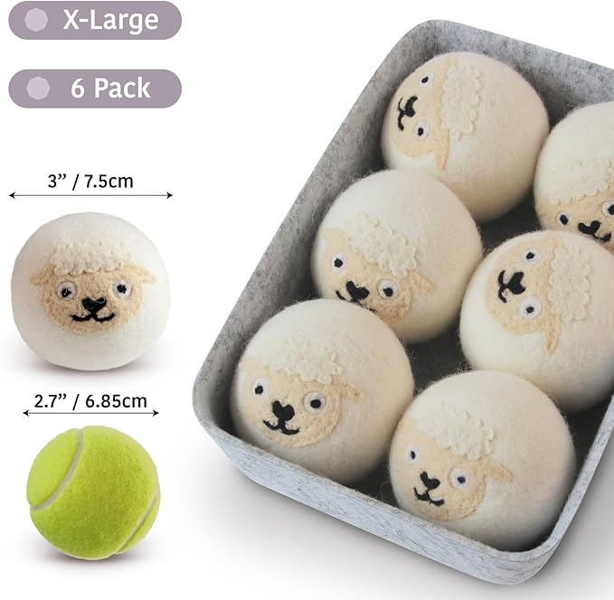 Wool Dryer Balls XL 6-Pack with Felt Box - 100% Pure Wool, Eco-Friendly Fabric Softener, Reduces Wrinkles & Drying Time, Anti-Static, Hypoallergenic, Reusable for 1000+ Loads (White Sheep)