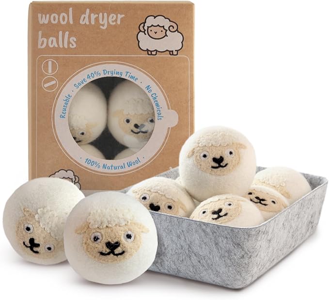 Wool Dryer Balls XL 6-Pack with Felt Box - 100% Pure Wool, Eco-Friendly Fabric Softener, Reduces Wrinkles & Drying Time, Anti-Static, Hypoallergenic, Reusable for 1000+ Loads (White Sheep)