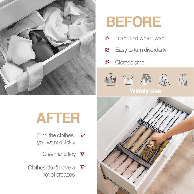 Wardrobe Clothes Organizer 7 Grids Portable Closet Organizer Mesh Separation Storage Box Foldable Closet Drawer Organizer for Underwear Socks Scarves Leggings (Grey, 4 Leggings Grid)
