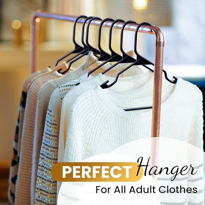Our Modern Space 30 Pack Adult Plastic Hanger for Shirt Pants Coats Dresses Skirts Suits Jackets - Standard Thick Coat Hanger - Sturdy & Durable Design with Shoulder Grooves Hook - Black