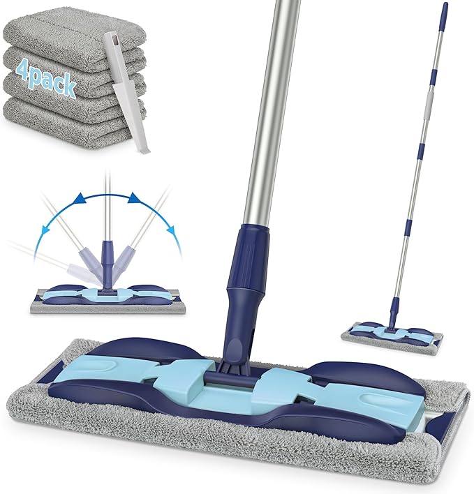 Microfiber Mops for Hardwood Floor Cleaning: MEXERRIS Flat Floor Mop with 4 Washable Pads 59" Adjustable Handle - Dust Dry Mop for Kitchen BathroomTile Laminate Wood Vinyl - Home Commercial Mops