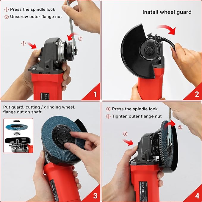 7.5Amp 4-1/2 Inch 12000 RPM Angle Grinder with 2 Guards, 3 Cutting Wheels, 3 Discs, Non-Slip Handle and Carbon Brush for Metal and Wood