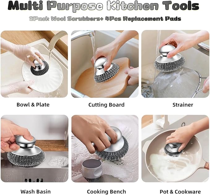 6 Pcs Steel Wool Scrubber, Stainless Steel Scrubber Pads for Cleaning Dishes, Cast Iron, Grill, Stove, Oven, Sink, Stubborn Messes (2 Scrubber with Handled + 4 Pads)
