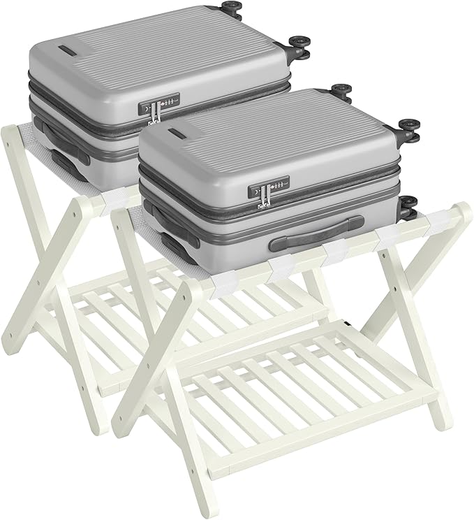 SONGMICS Solid Wood Luggage Racks, Set of 2, No Assembly Required, Foldable Suitcase Stand, Luggage Holder, with Storage Shelf, for Guest Room, Hotel, Bedroom, Cream White URLR021WZ02S