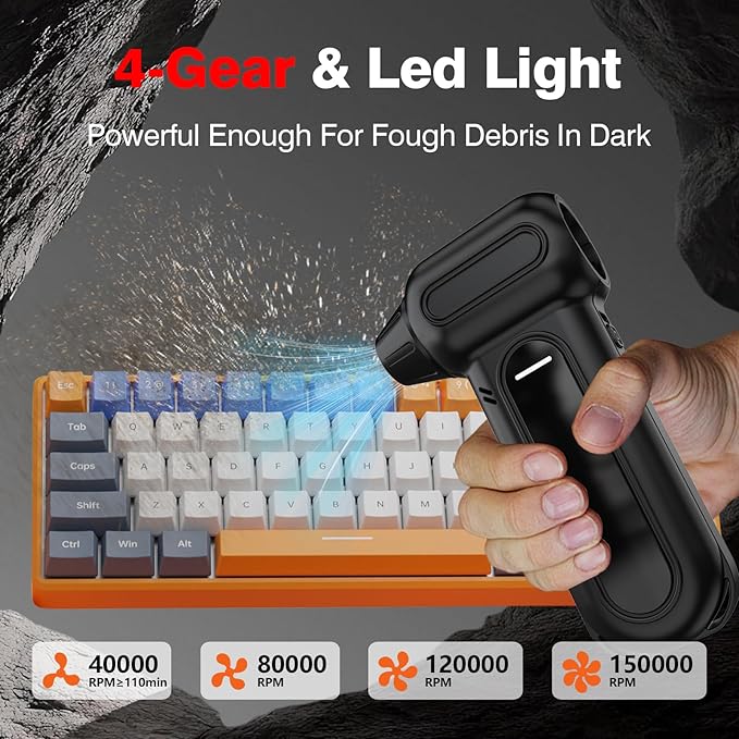 ANABOX Compressed air duster-150000 RPM Compressed Air Duster with LED Light, 8000mAh Rechargeable Battery, 4-Speed Adjustable mini Blower for Keyboard, Computer, Camera, Car, Home, 5 Nozzles
