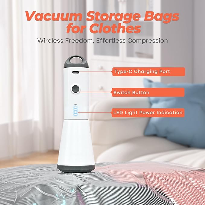 Vacbird Travel Vacuum Seal Bags, 8 Pack 34" Vacuum Storage Bags with Rechargeable Cordless Pump Compression Packing for Clothing Clothes Blanket Bedding, Space Saver for Suitcase Luggage