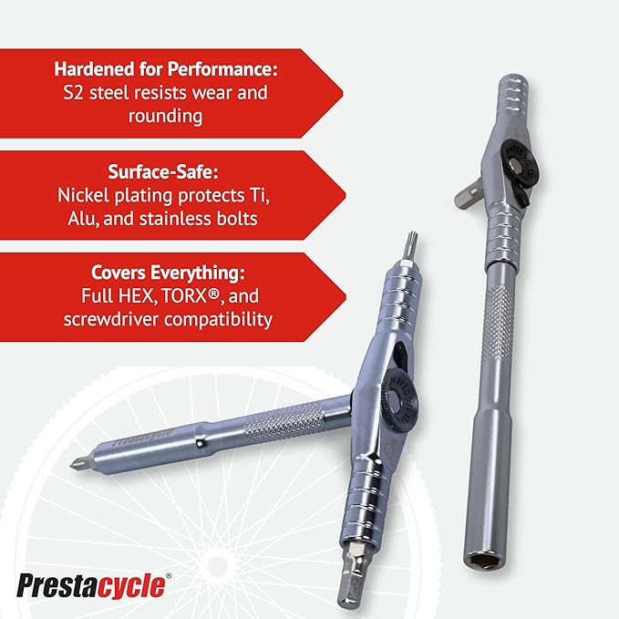 Prestacycle T-Handle Ratchet Wallet Kit – Compact 3-Way Ratchet Tool Kit with 12 Bike-Specific 1/4” Hex Bits, Bicycle, Extension Bar & Slim Carry Case