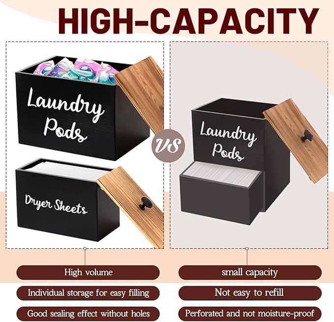 Dandat 3 Pcs Dryer Sheet Holder Laundry Pod Holder Scent Booster Container Set with Scoop Rustic Wood Dryer Sheet Container Laundry Beads Dispenser for Storage(Black)