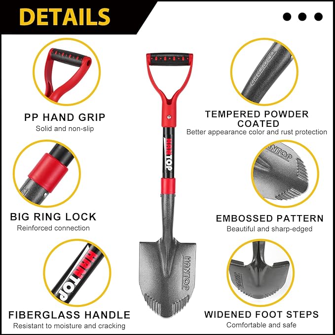 Mini Shovel Garden Small Digging Shovels with Fiberglass Handle for Digging, Camping, Survival, Kids, Car Use, 28 inches