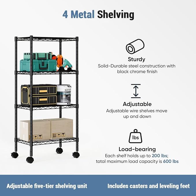 DUMOS 4 Tier Metal Shelving, Heavy Duty Shelves Wire Shelving Unit with Removable Wheel Casters, Shelves Organizer for Bathroom Garage Living Room Kitchen Pantry Laundry Black