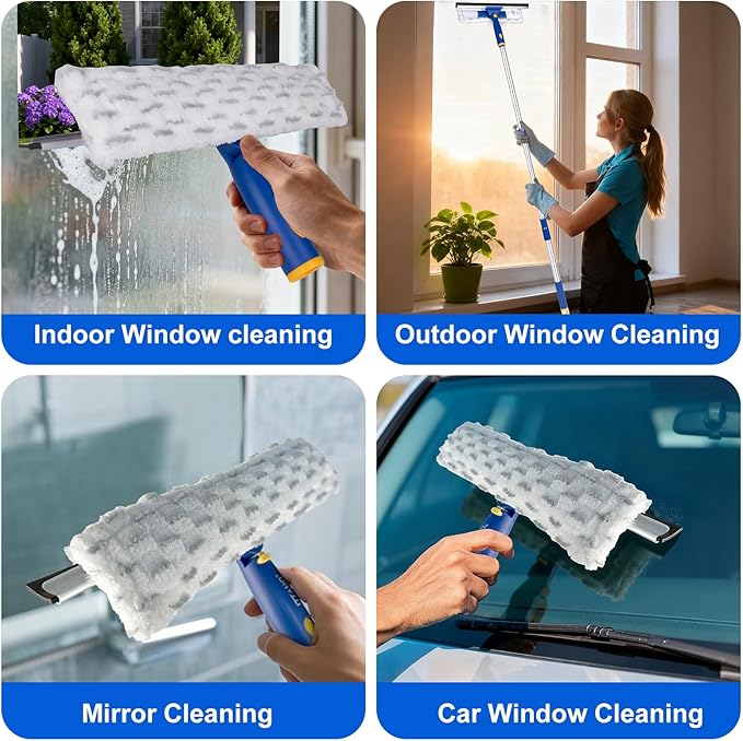 ITTAHO Squeegee for Window Cleaning with Extendable Pole, 53" 2-in-1 Window Cleaning Tool Kit, Shower Squeegee with Long Handle, Indoor/Outdoor High Window Cleaning-Two Pads